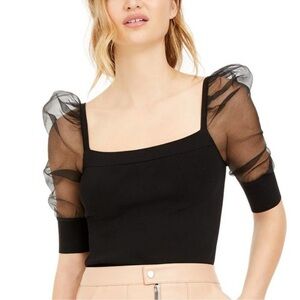NWOT Bar lll Black Square Neck Sheer Puff Sleeve Crop Top XS